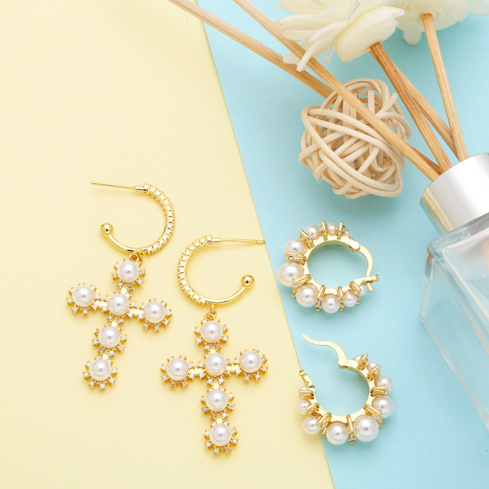 Pearl Geometric Circle Ear Clip Cross Eardrops