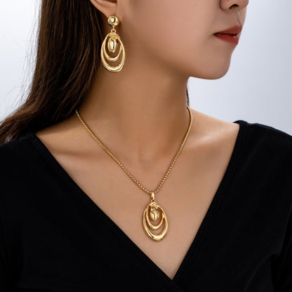 Fashion Creative Multi-ring Drop Shape Earrings Necklace Three-piece Set