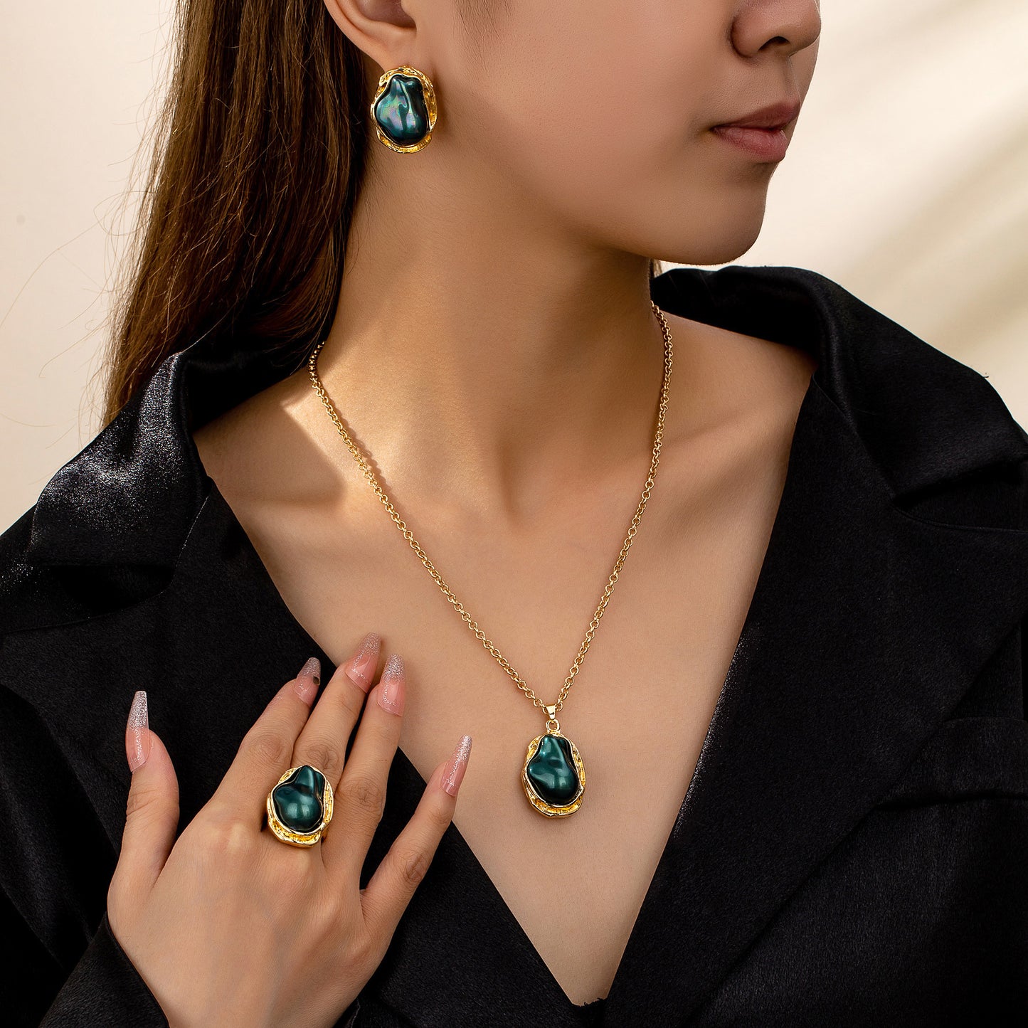 Retro Green Irregular Inlaid Imitation Pearl Necklace Ear Stud And Ring